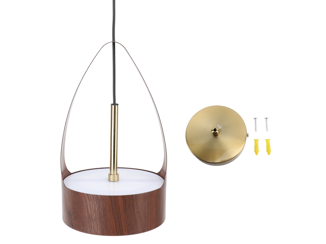 Lustre Led com Luminária Pendente Imitando Madeira e Ferro CHABERLU