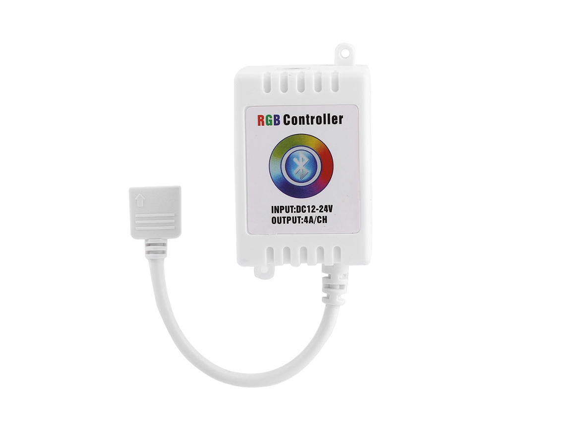 Controlador Bluetooth RGB Semi Fio para celular com LED branco, controle remoto Bluetooth e dimerização RGB.