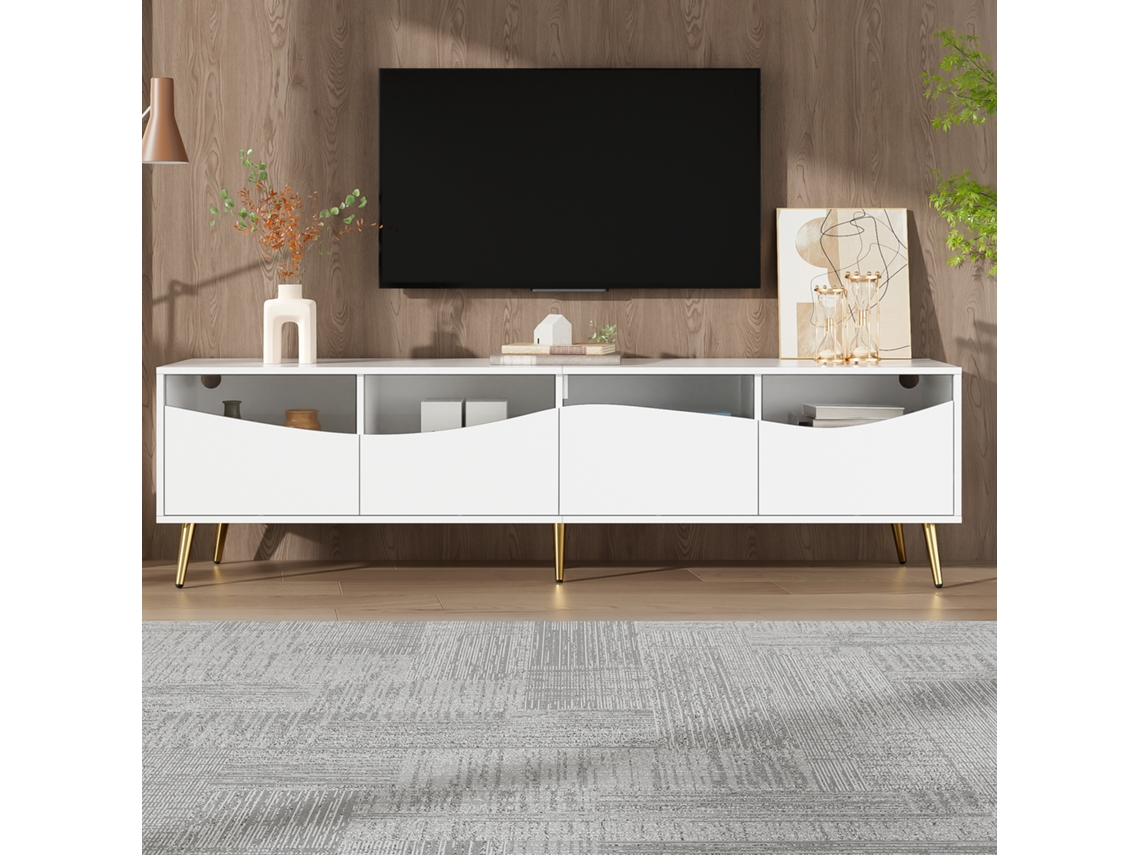 Painel de TV moderno com LED branco, vidro e detalhes dourados - PAPRIKA (180 cm)