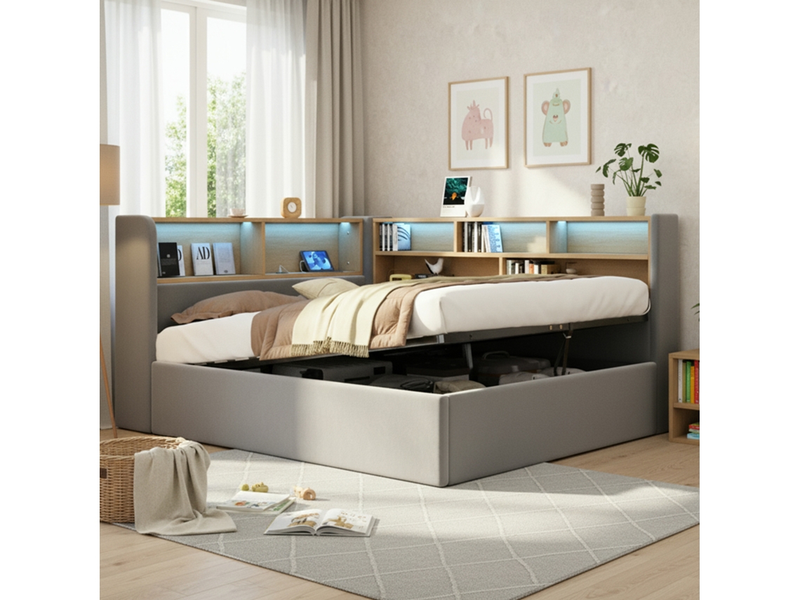 Sofá-cama De 140x200 Cm Com Arrumação Hidráulica, Estofado, Com Led, Usb, Encosto E Revestimento Em Veludo Cinza.