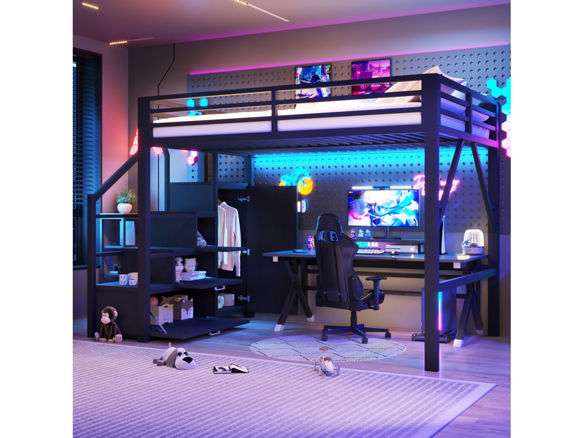 Cama Elevada De Metal 140x200 Cm, Compartimentos E Guarda-roupa, Led, Preta