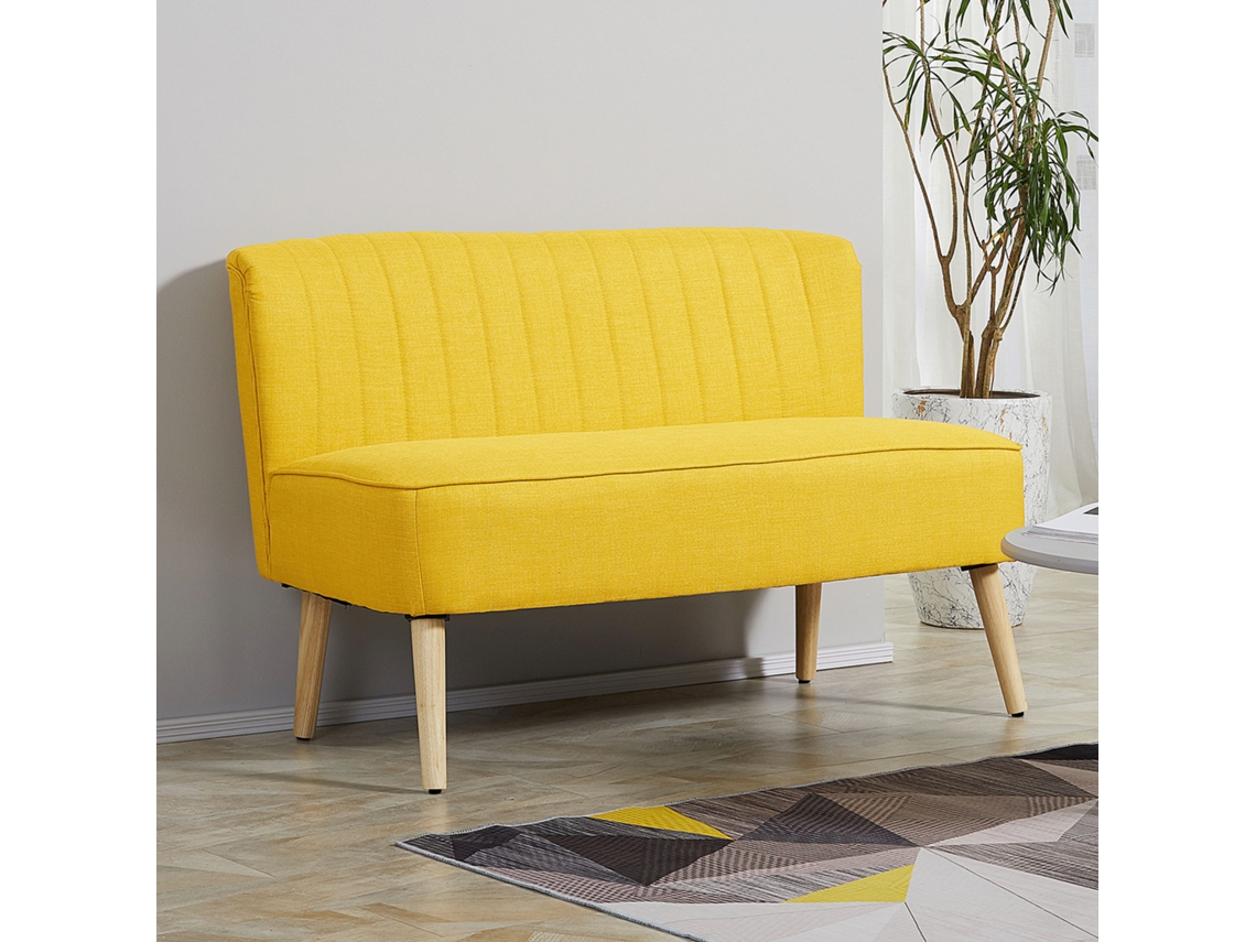 Sofá Amarelo De Dois Lugares, 117x56,5x77 Cm, Em Tecido Com Aspecto De Linho, Modelo Sem Braços E Com Pés De Madeira.