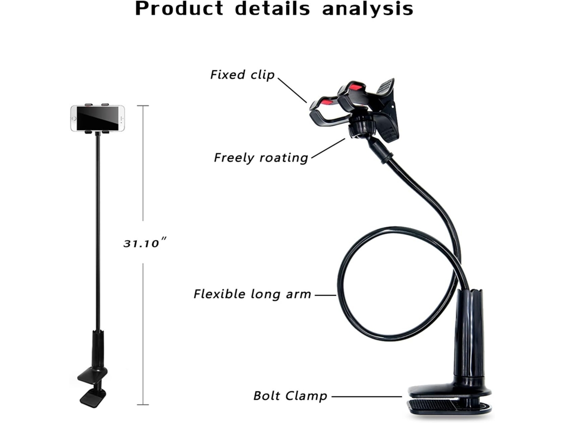 Lurelia Suporte Flexível Para Telemóvel Iphone 14 71 Cm Braço Longo Pescoço De Ganso Rotação 360° Preto