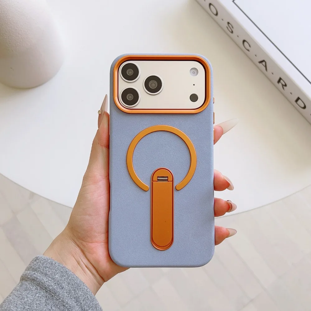 (azul-celeste, Iphone 17 Pro Max) Capa De Luxo Com Carregamento Magnético E Textura elephant-grain, Com Suporte De Metal Antichoque