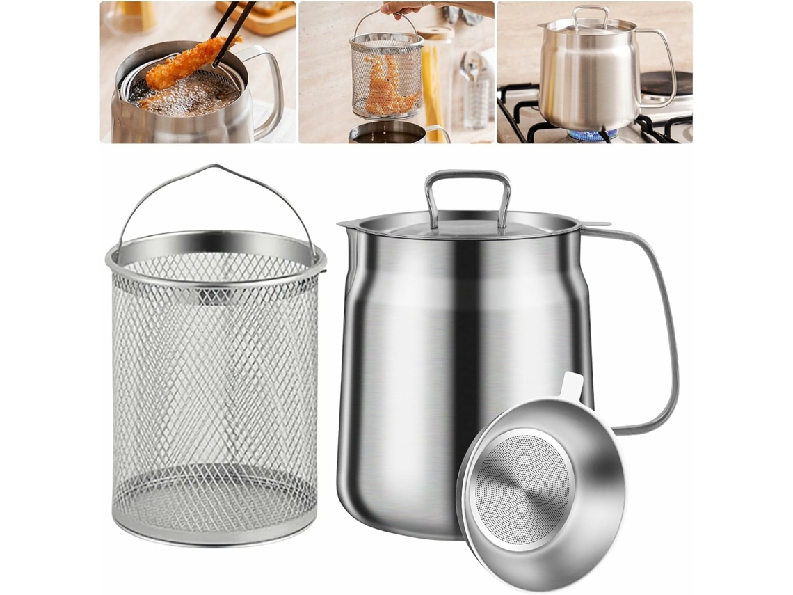 Coador de Óleo 2 em 1 68oz/2l Coador de Óleo em Aço Inoxidável, Recipiente para Óleo de Cozinha Resistente com Coador SUNNY SPACES