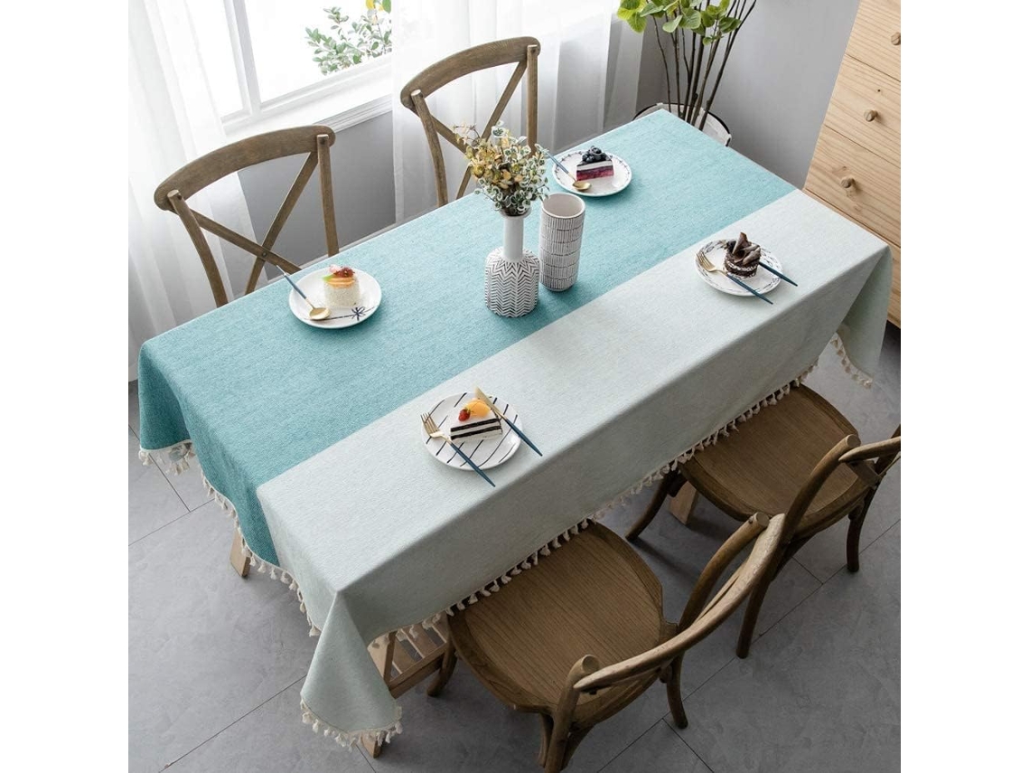 Lurelia Toalha De Mesa Quadrada Algodão Linho Branco Azul Natural 140x140cm Lavável Borlas