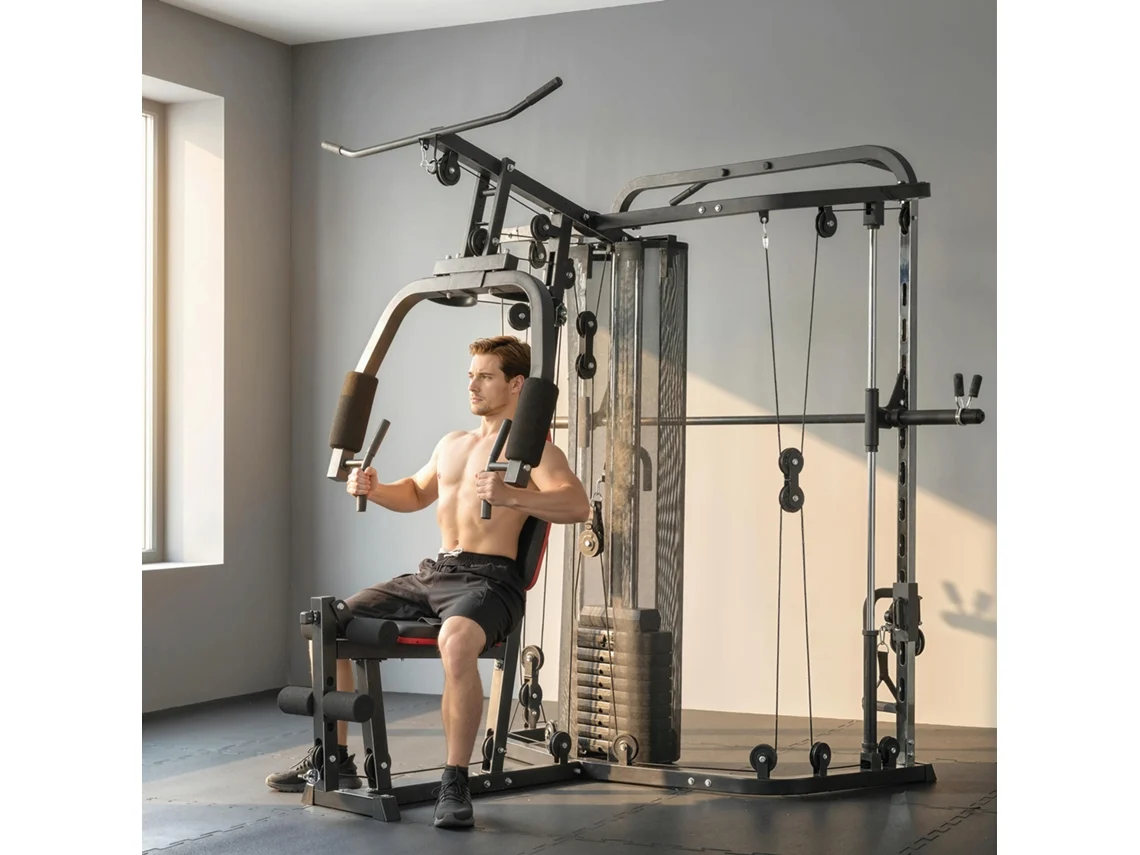Estação De Musculação Multifuncional Com 65kg De Pesos, Puxada Alta, Voador Peitoral, Banco Scott Ajustável E Cadeira Extensora