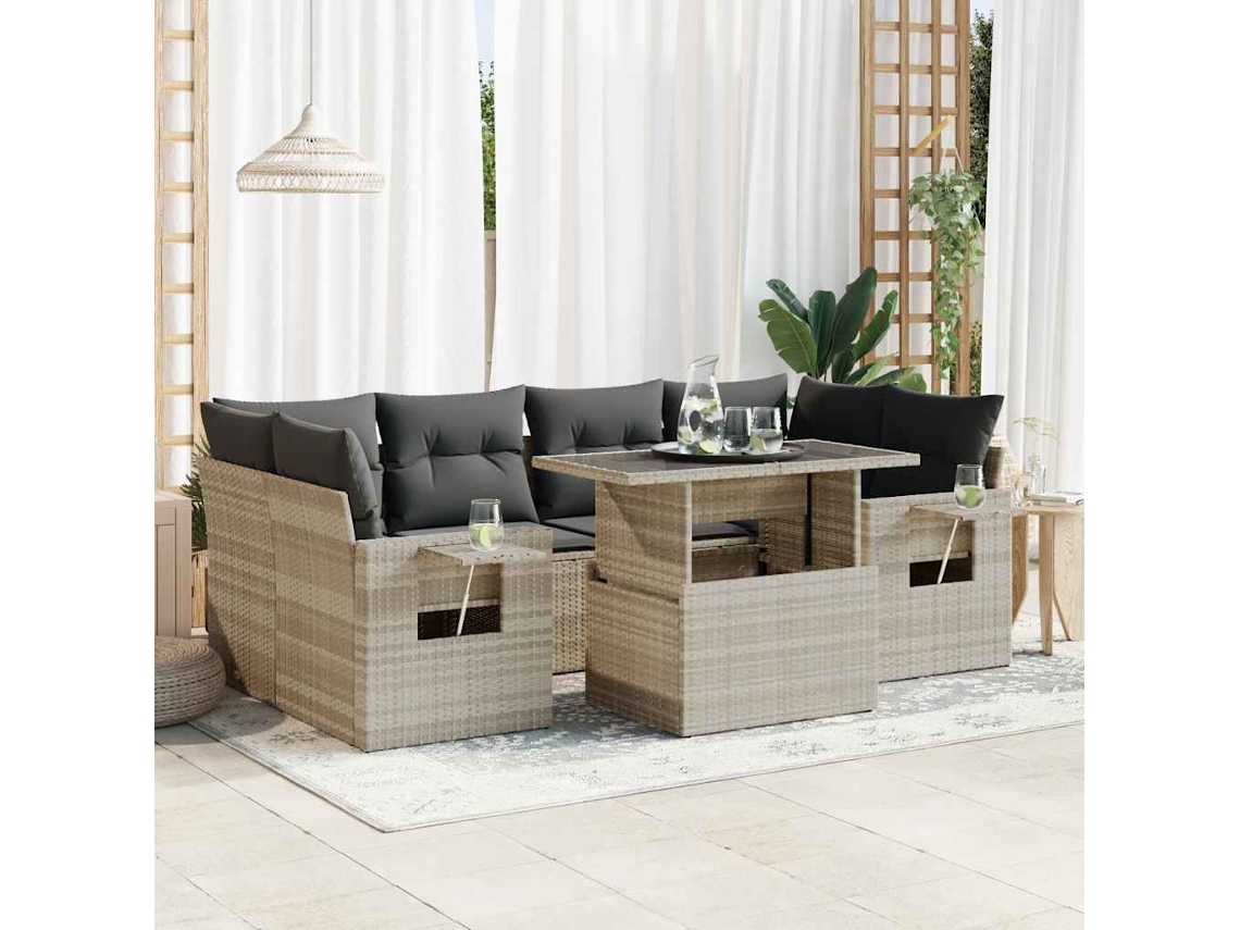 Vidaxl 7 Pcs Conj. Sofás Jardim Com Almofadões Vime Pe Cinzento-claro
