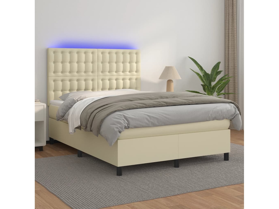 Vidaxl Cama Box Spring C/ Colchão/led 140x190cm Couro Artificial Creme