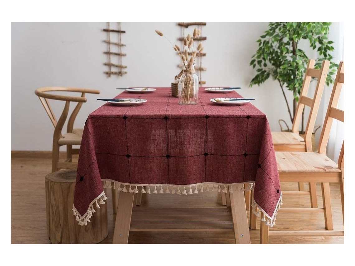 Toalha de Mesa com Borlas Xadrez de Algodão e Linho Toalha de Mesa de Centro Toalha de Mesa para Mesa de Jantar Vermelha 90X90Cm