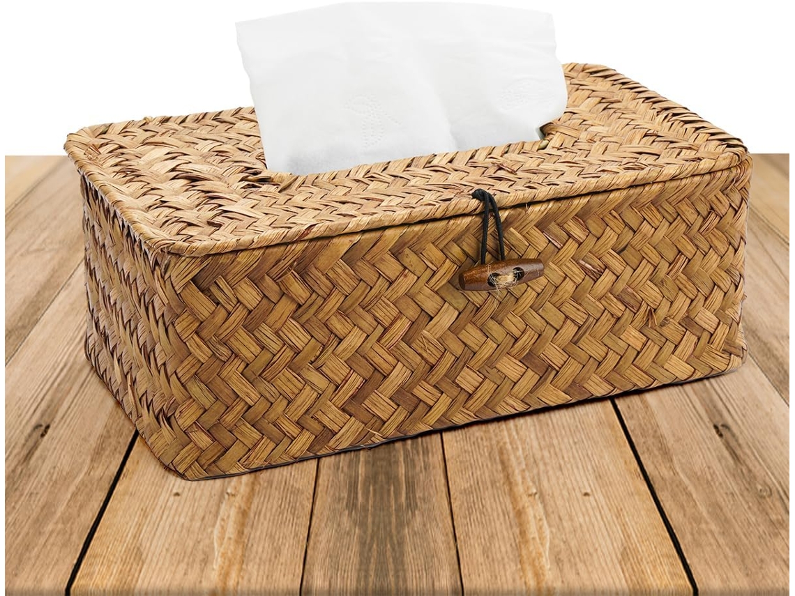 Porta-lenços Natural De Fibras Trançadas Com Tampa - Feito À Mão - Cesto De Rotim Com Tampa - 23x13x9cm