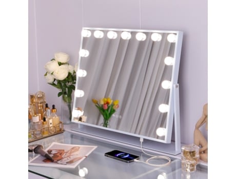 Espelho De Maquilhagem Hollywood Com Luzes Com Carregamento Usb 58 X 46 Cm Rotação De 360 Metal Branco FENCHILIN