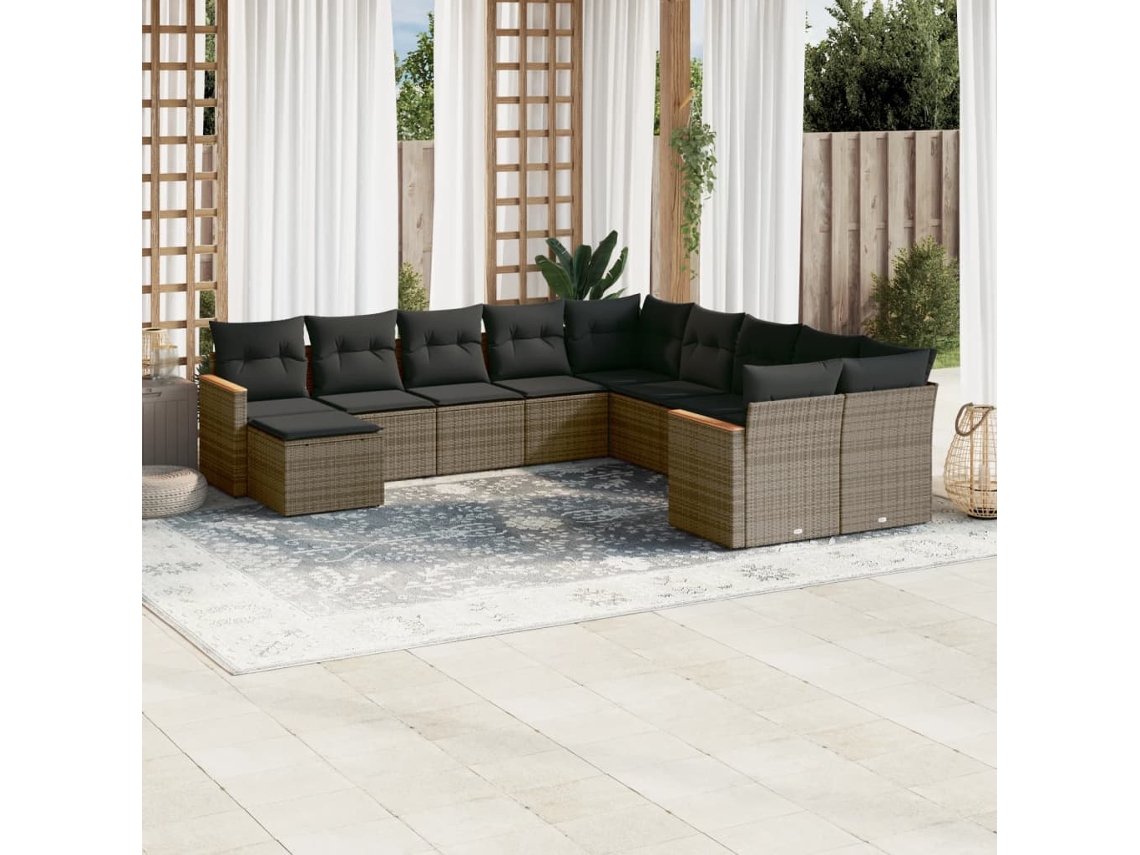 11 Pcs Conjunto Sofás De Jardim C/ Almofadões Vime Pe Cinza Dkd Home Decor