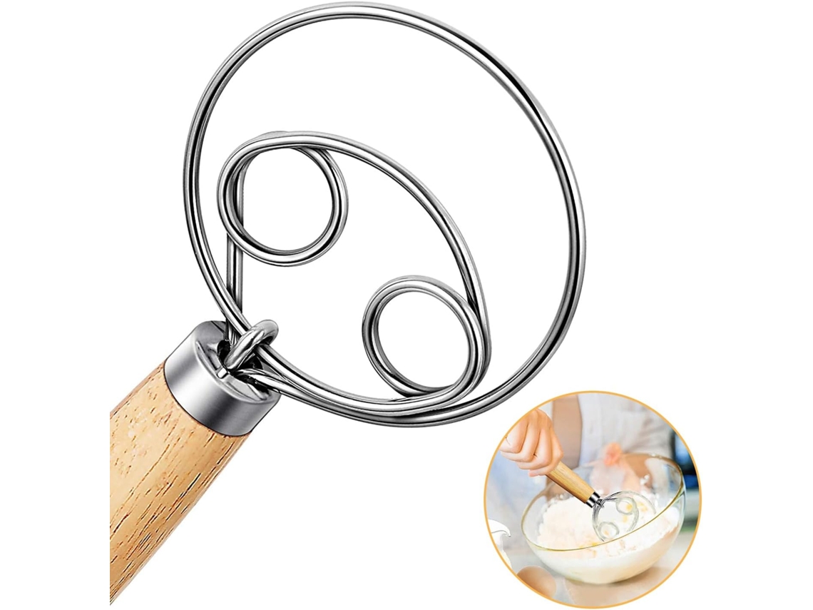 Batedor De Massa Dinamarquês Com Cabo Madeira, 33 Cm, Utensílio De Aço Inoxidável Para Misturar E Assar