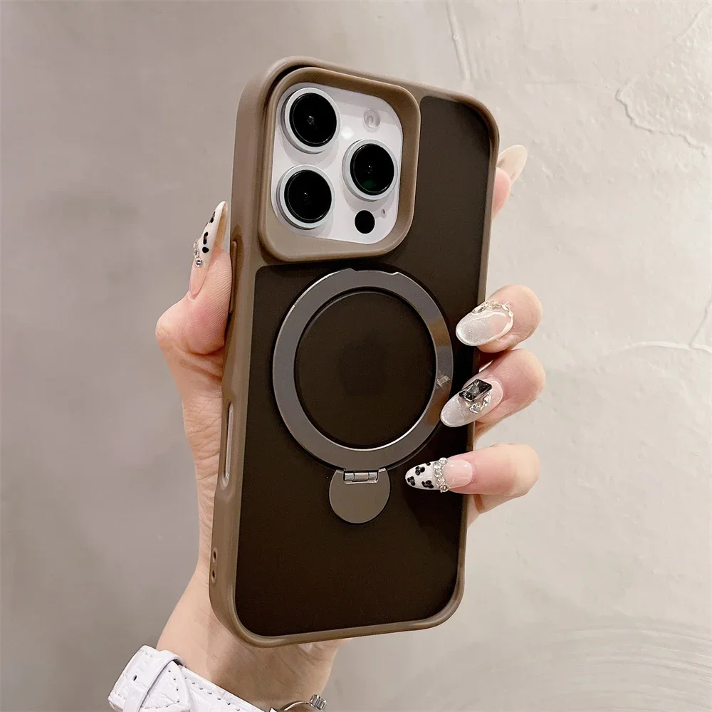 Capa Magnética Para Iphone 16 Pro (marrom), Com Suporte E Proteção Traseira Contra Impactos.