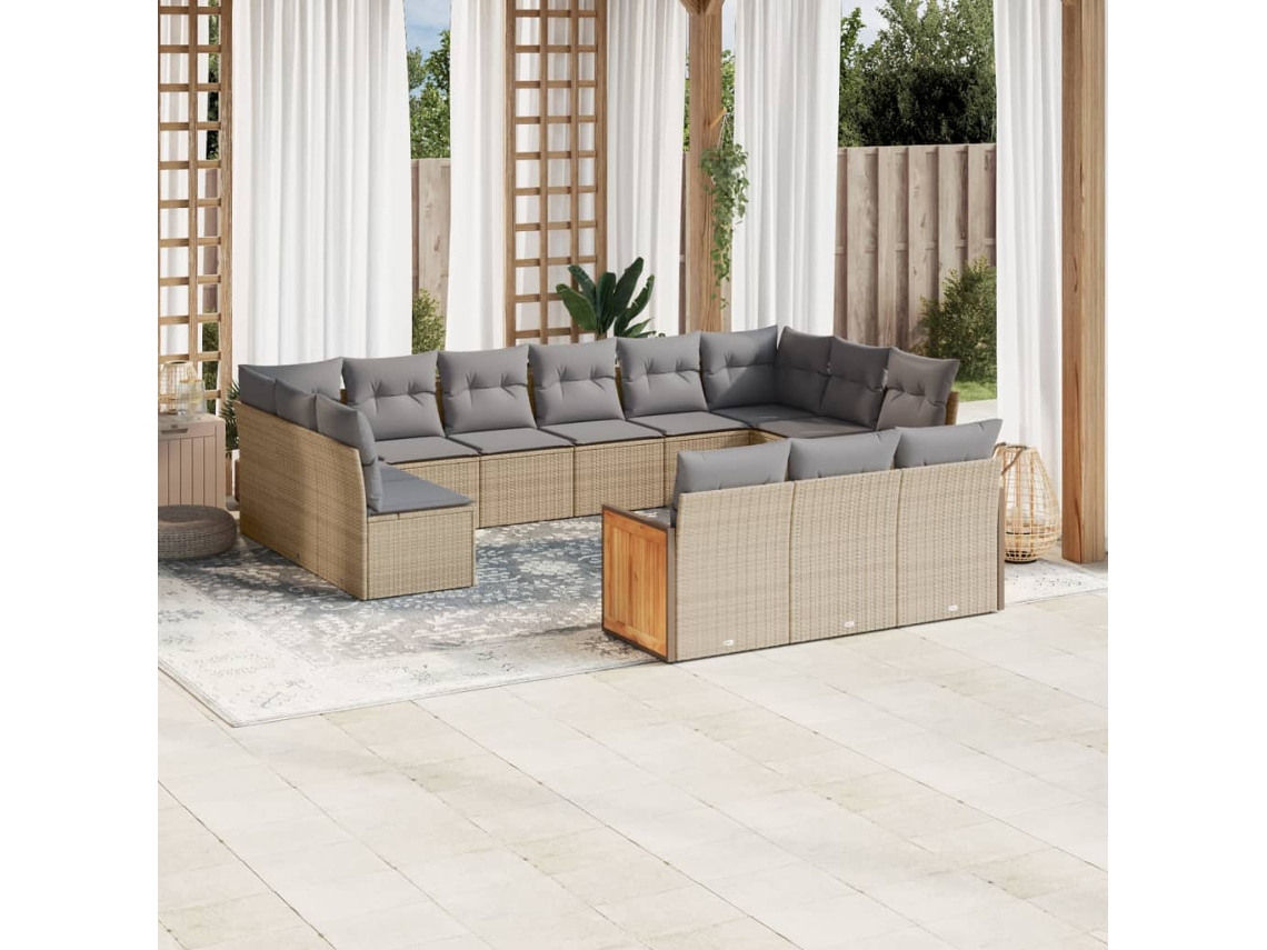 Vidaxl 13 Pcs Conjunto De Sofás P/ Jardim Com Almofadões Vime Pe Bege