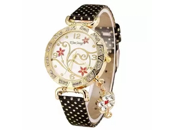 Relógio de Pulso Feminino com Strass e Padrão Floral em Couro Pu Preto