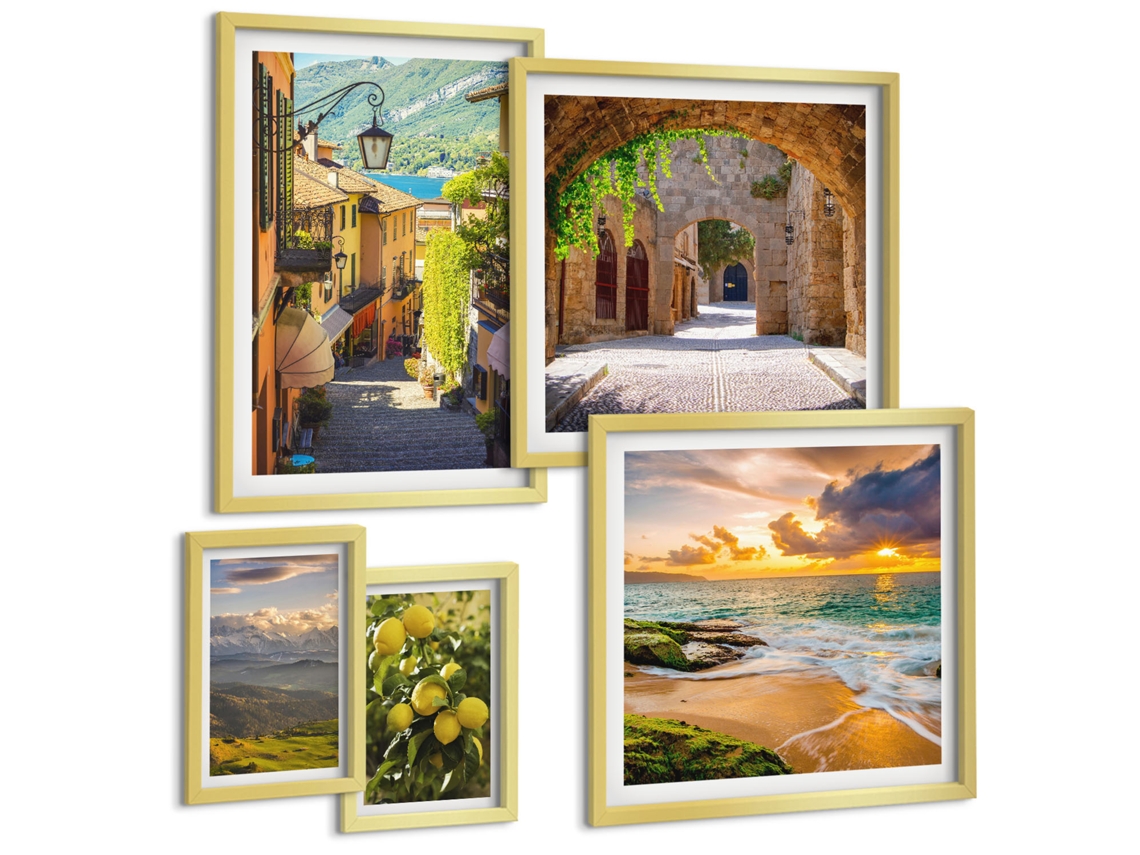 Composição De Quadros Na Parede Areia De Verão, Vistas Para O Mar Moldura Prateada Quadros Para O Escritório Espelharte (conjunto De 5 Imagens)