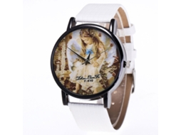 Relógio feminino de quartzo com pulseira de couro PU, mostrador redondo e estampa de anjo (branco)