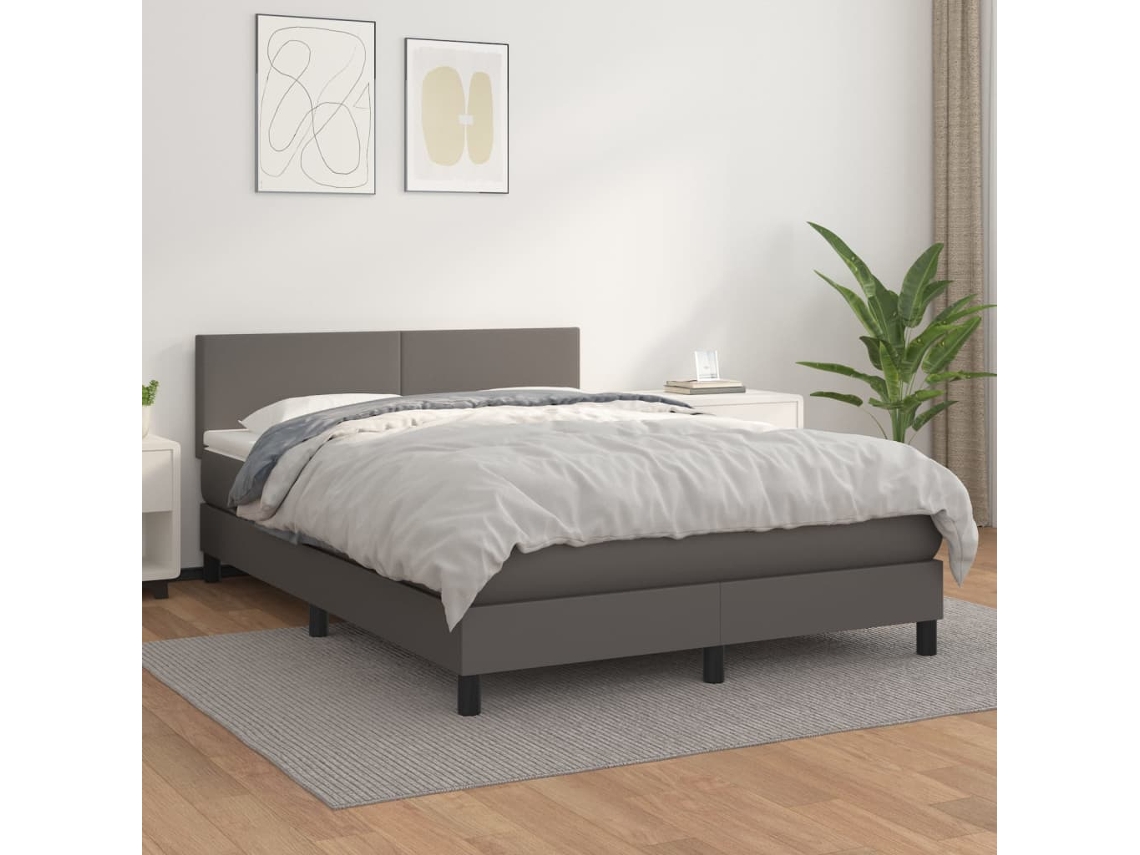 Vidaxl Cama Com Molas/colchão 140x190 Cm Couro Artificial Cinzento