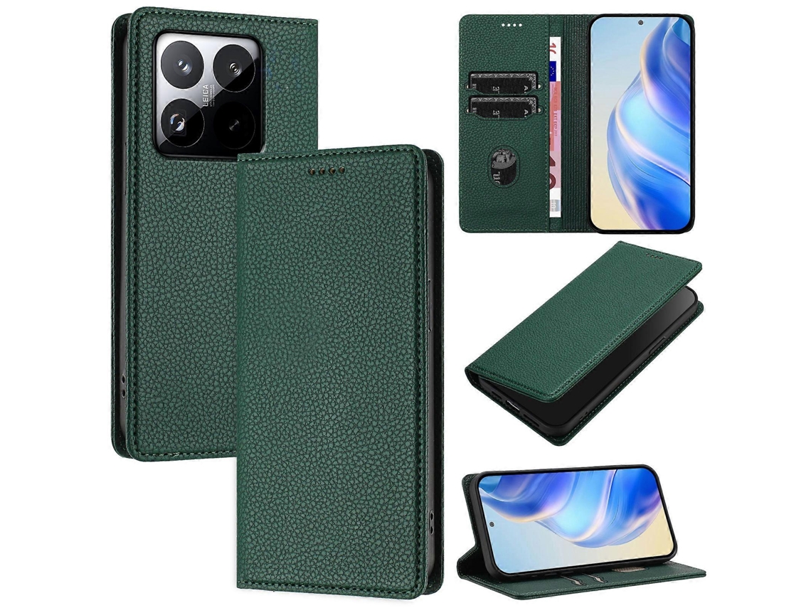 Capa Tipo Carteira Tkdaddy Para Xiaomi 15t Com Bloqueio Rfid E Textura De Lichia, Couro, Verde Escuro