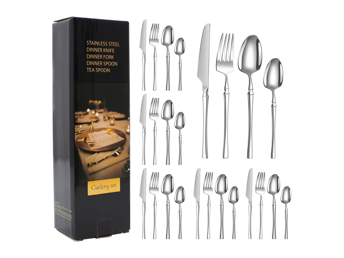 Conjunto De Talheres Em Aço Inoxidável Com Revestimento De Titânio (24 Peças - Prata) - Inclui Facas, Garfos E Colheres.