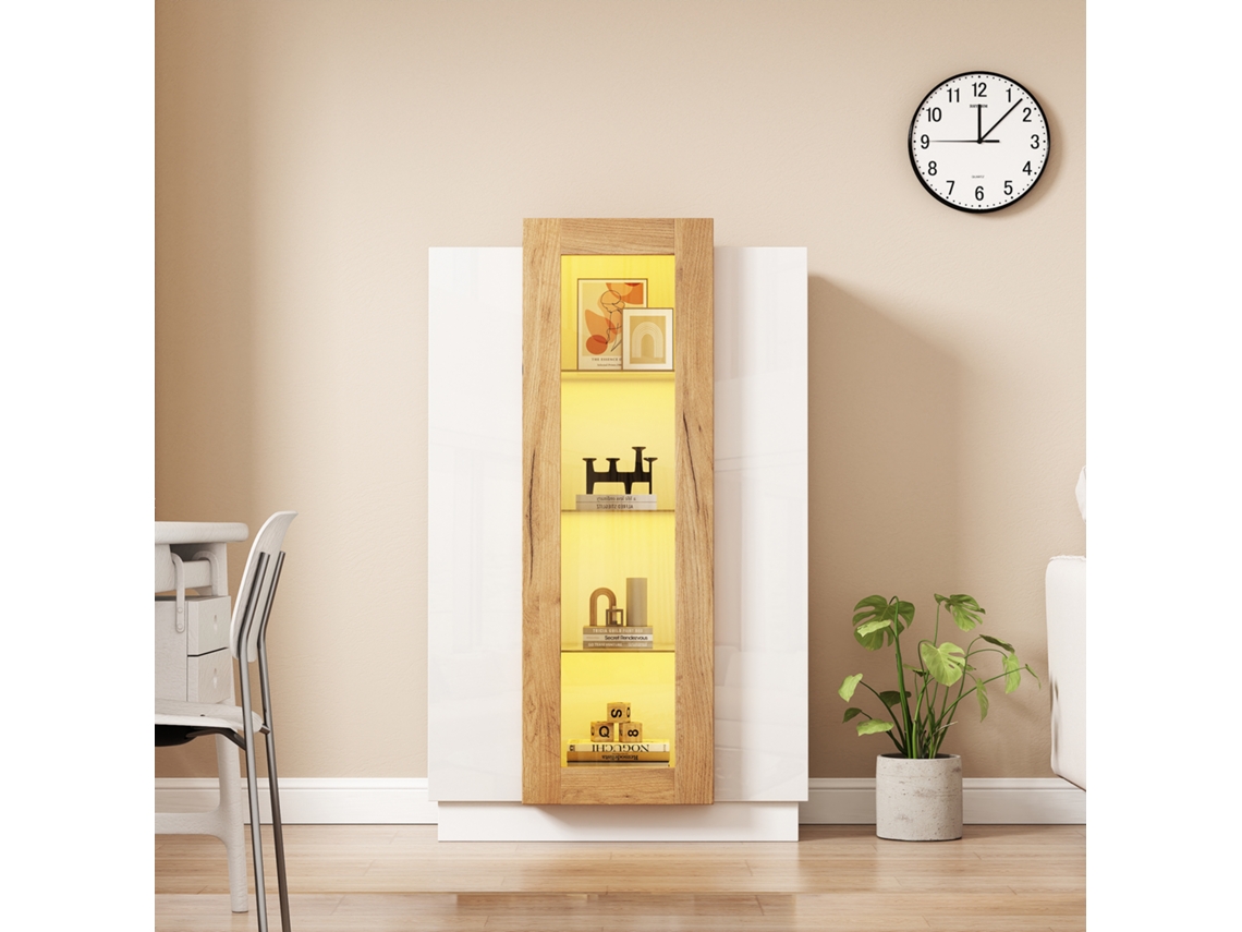 Vitrine 74x40x120 Cm 3 Portas Com Iluminação Led Com Prateleiras De Vidro Branco Natural Estilo