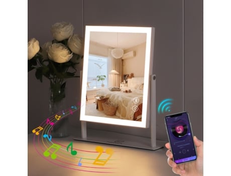 Espelho de Maquilhagem Hollywood FENCHILIN com Bluetooth e Luz Led 3 Cores Regulável Rectângulo 25X 30 Cm