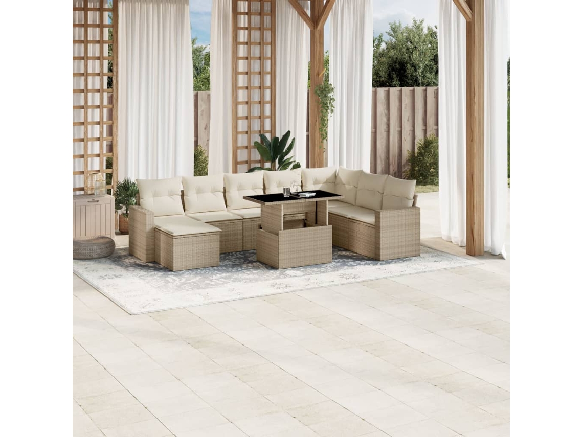 Vidaxl 9 Pcs Conjunto De Sofás P/ Jardim Com Almofadões Vime Pe Bege