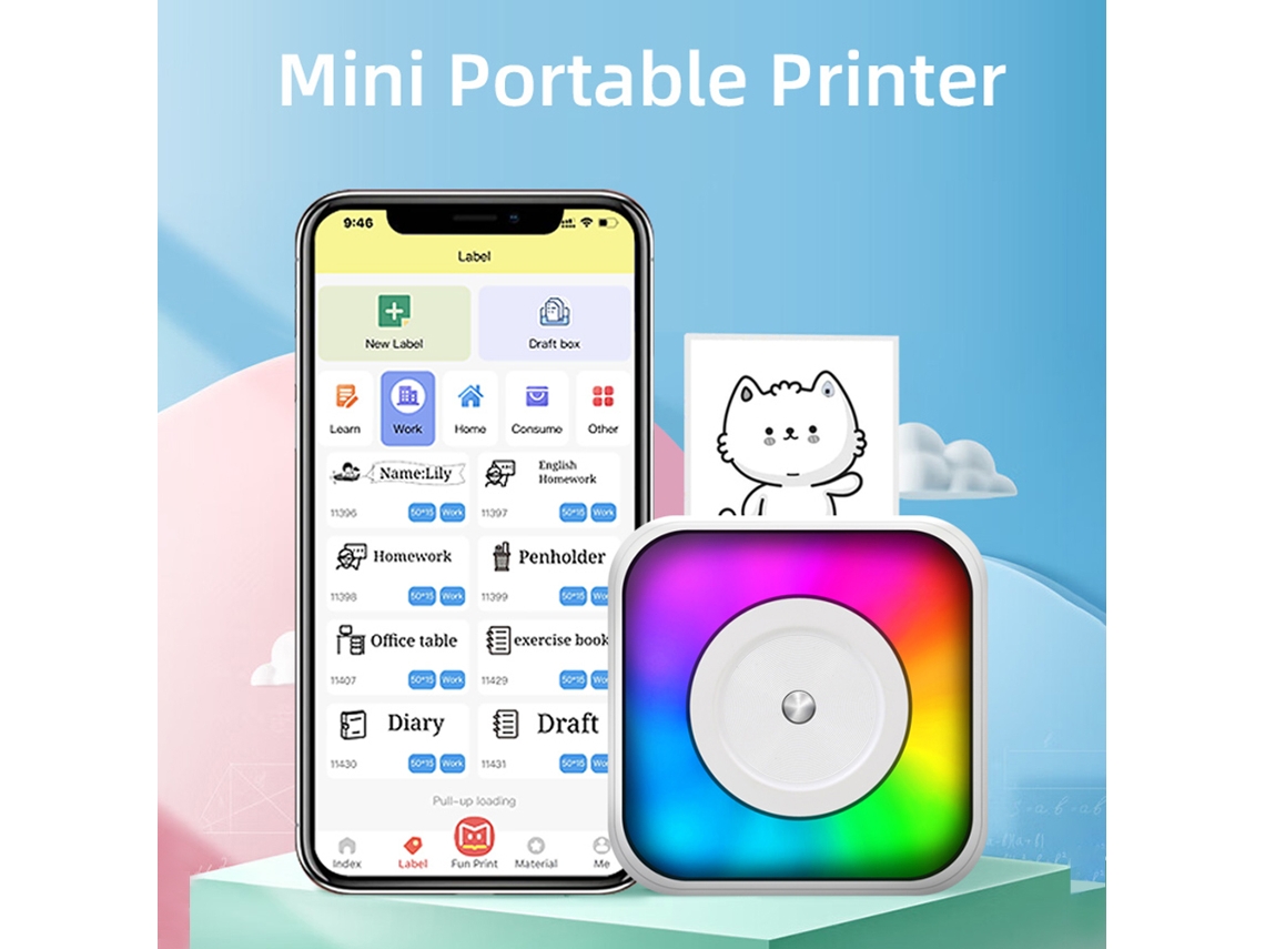 Impressora Térmica Portátil Mini com luz rgb, sem tinta, conexão Bt para iOS e Android | S/MARCA