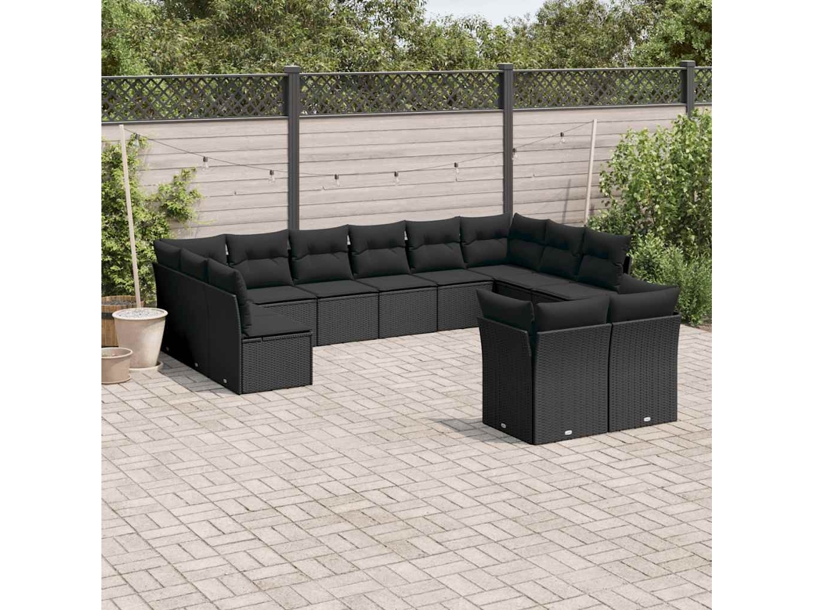 Vidaxl 12 Pcs Conjunto De Sofás De Jardim C/ Almofadões Vime Pe Preto
