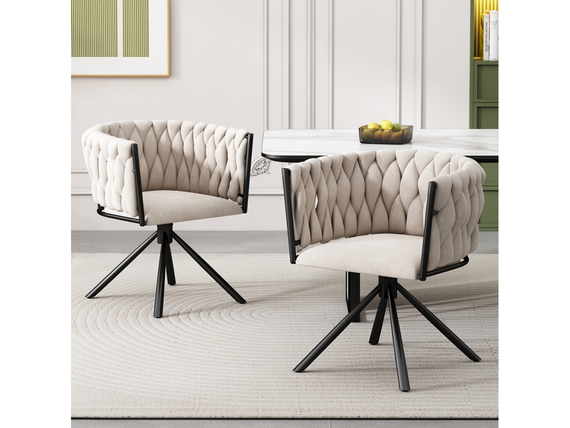 Conjunto De 2 Cadeiras De Jantar Em Veludo Bege, Luxuosas E Giratórias Para Sala Ou Quarto, Com 4 Pés De Metal.