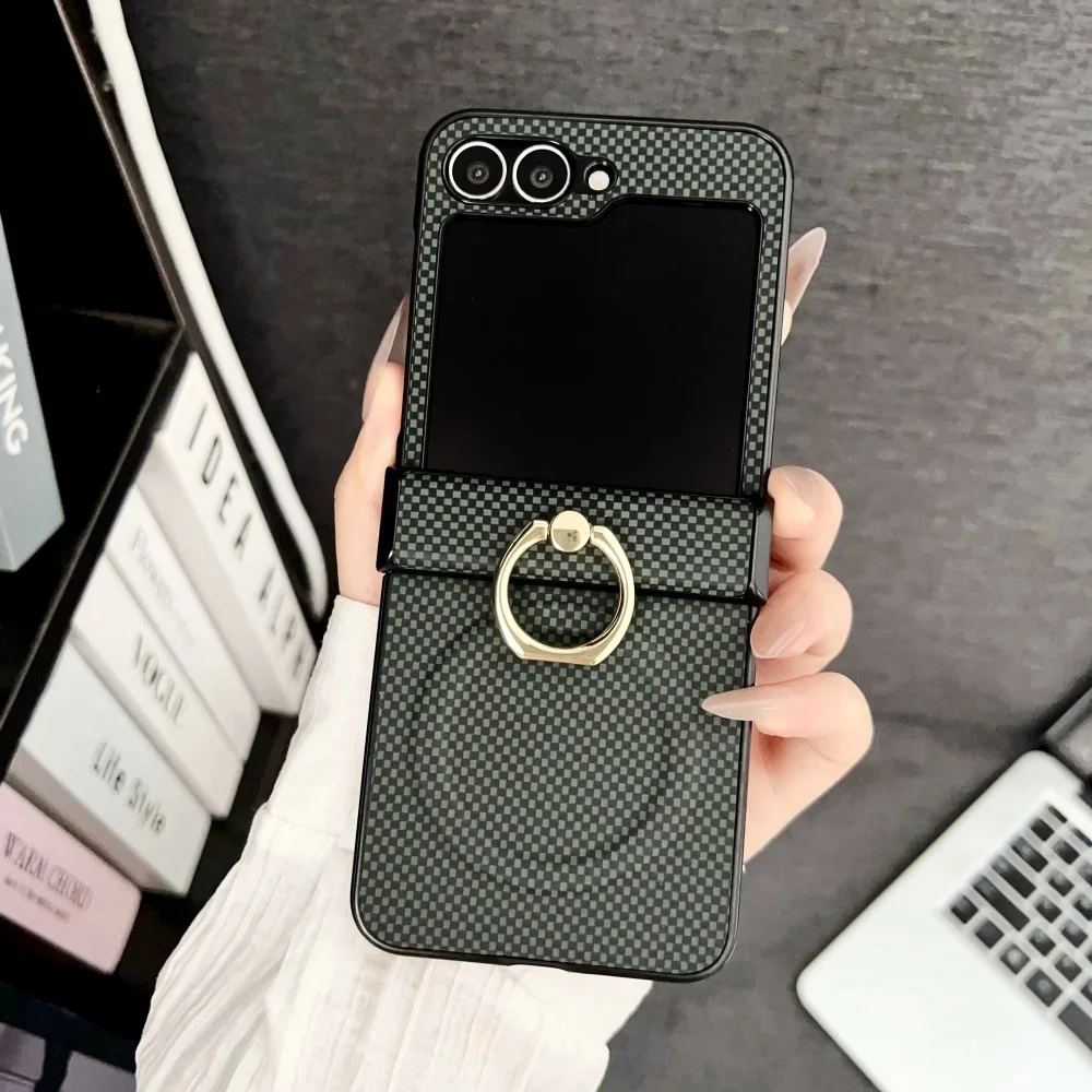 (verde, Galaxy Z Flip4) Capa Magnética De Couro Com Padrão Xadrez E Suporte De Anel Articulado Para Celular.