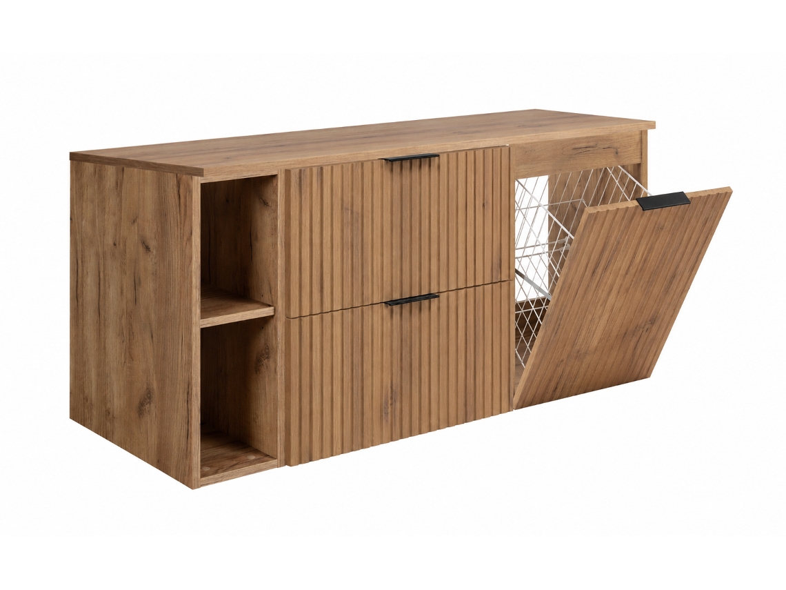 Conjunto Casa De Banho Com Cesto Para Roupa, 3 Módulos, Carvalho Craft / Puxadores Pretos, 120x57x46 Cm