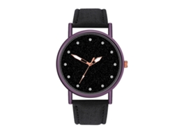 Relógio de pulso feminino simples em couro com mostrador redondo e movimento de quartzo, preto.
