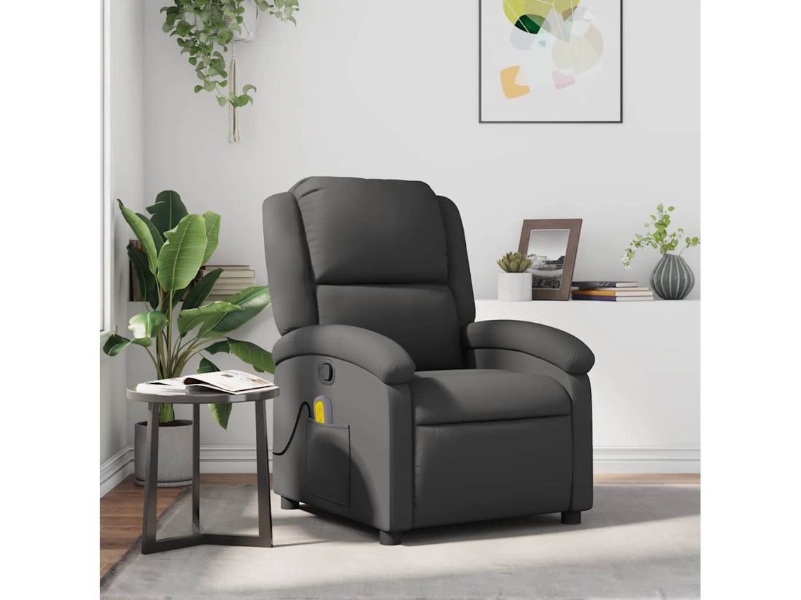 Vidaxl Poltrona De Massagens Reclinável Couro Genuíno Cinzento