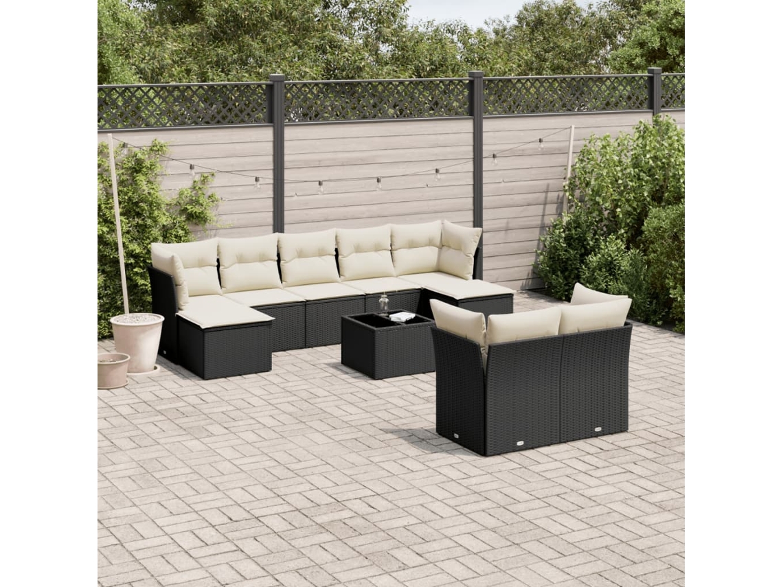 Jogo de Sofá Jardim 10 Peças C/ Almofadões Vime Pe Preto Dkd Home Decor