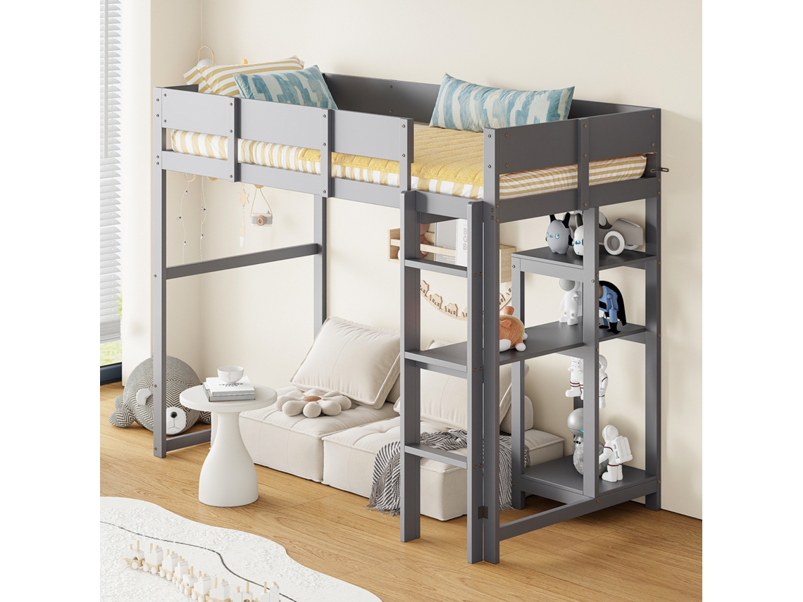 Cama Alta 90x200cm Pinho Maciça Cinza Para Crianças E Jovens