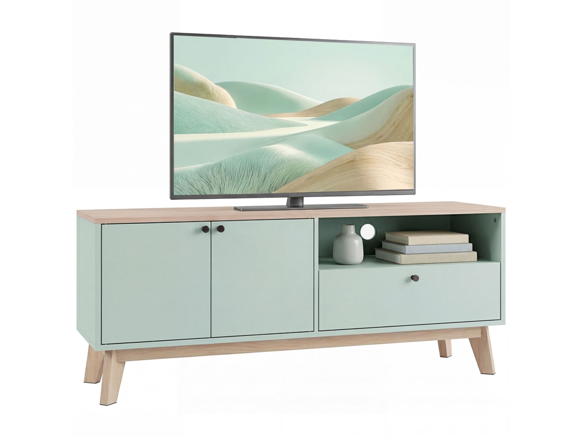 Suporte Tv 120cm Portas Gaveta Compartimento Verde Claro Até 36 Polegadas