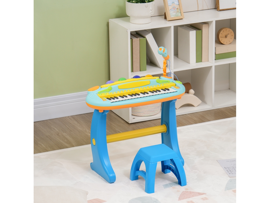 Piano Infantil Eletrónico de 37 Teclas, com Microfone, Banco, Luz Led, Função de Gravação e Reprodução