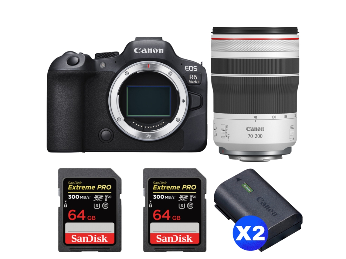 Eos R6 Mark Ii + Rf 70 200mm F/4 L Is Usm + 2 Sandisk 64gb Uhs ii 300mb/s + 2 Canon Lp e6nh + Ebook “20 Dicas para Fotos Que Impressionam” CANON