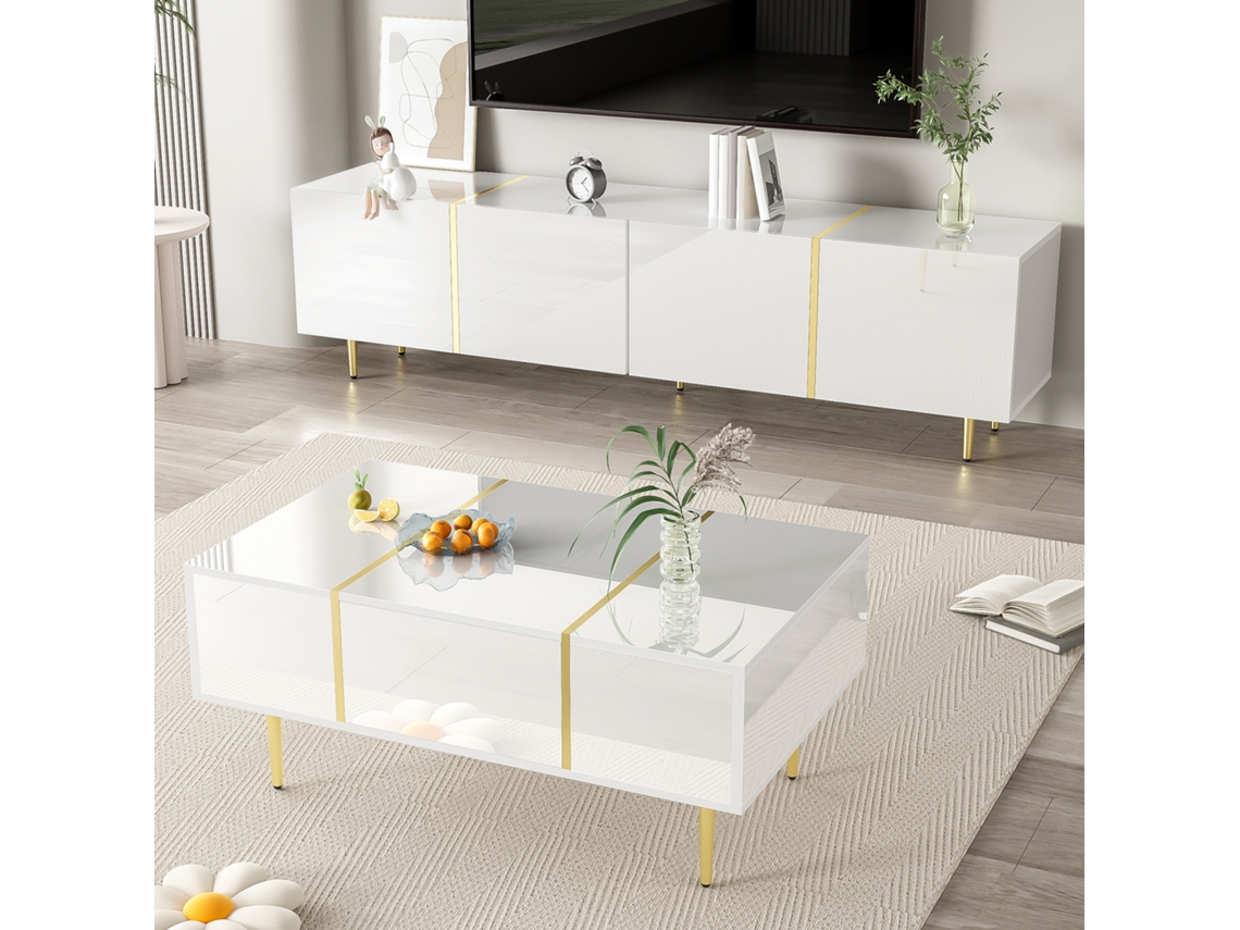Conjunto Moderno De Mesa De Centro E Móvel Para Tv Em Branco Brilhante.