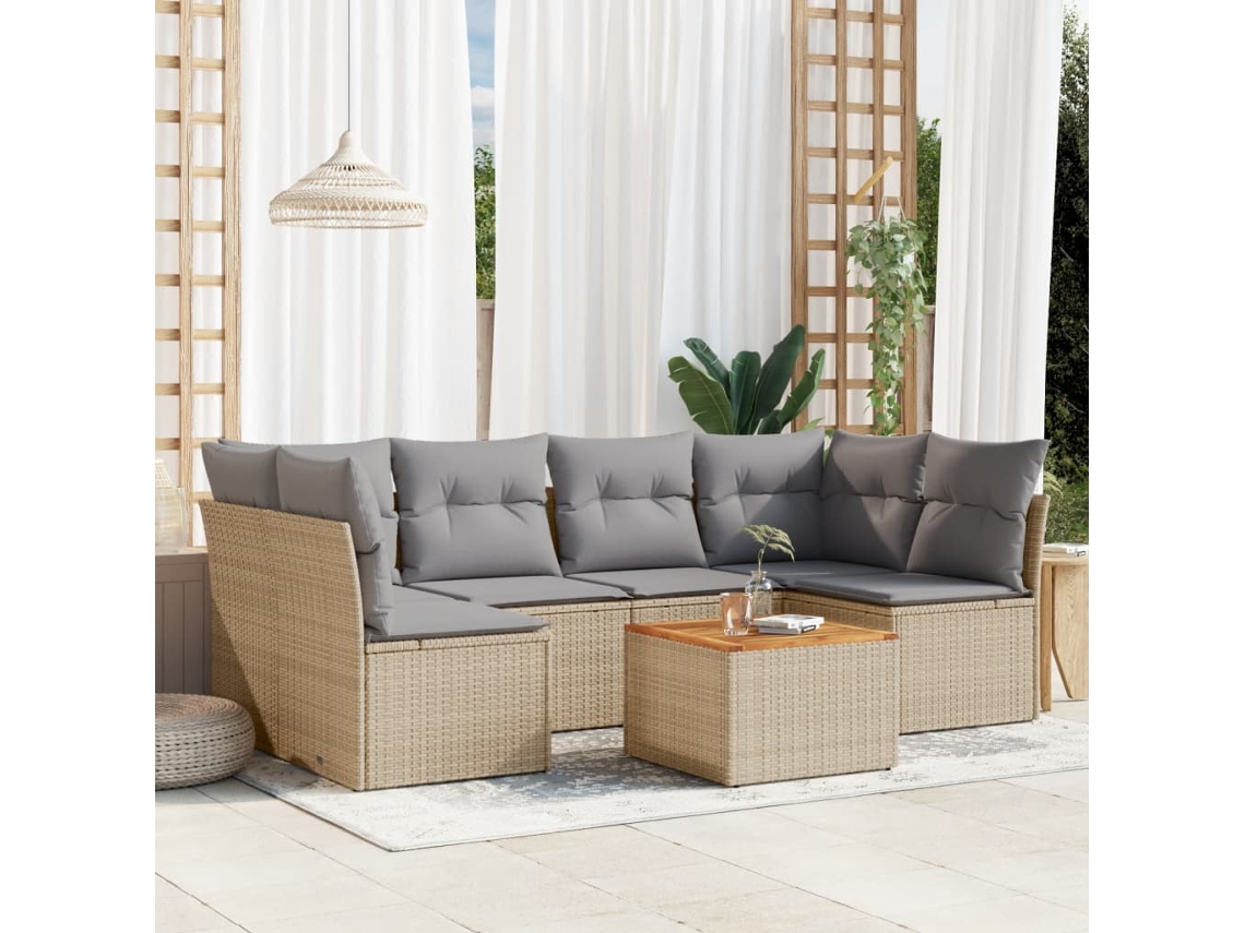 Conjunto de 7 Sofás para Jardim com Almofadas Vime Pe Bege Dkd Home Decor