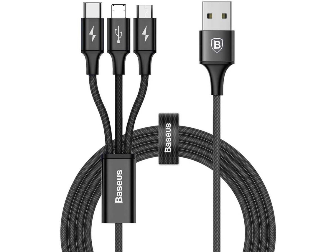 Cabo BASEUS 3 em 1 (USB MicroUSB USBC Lightning Preto) Worten.pt