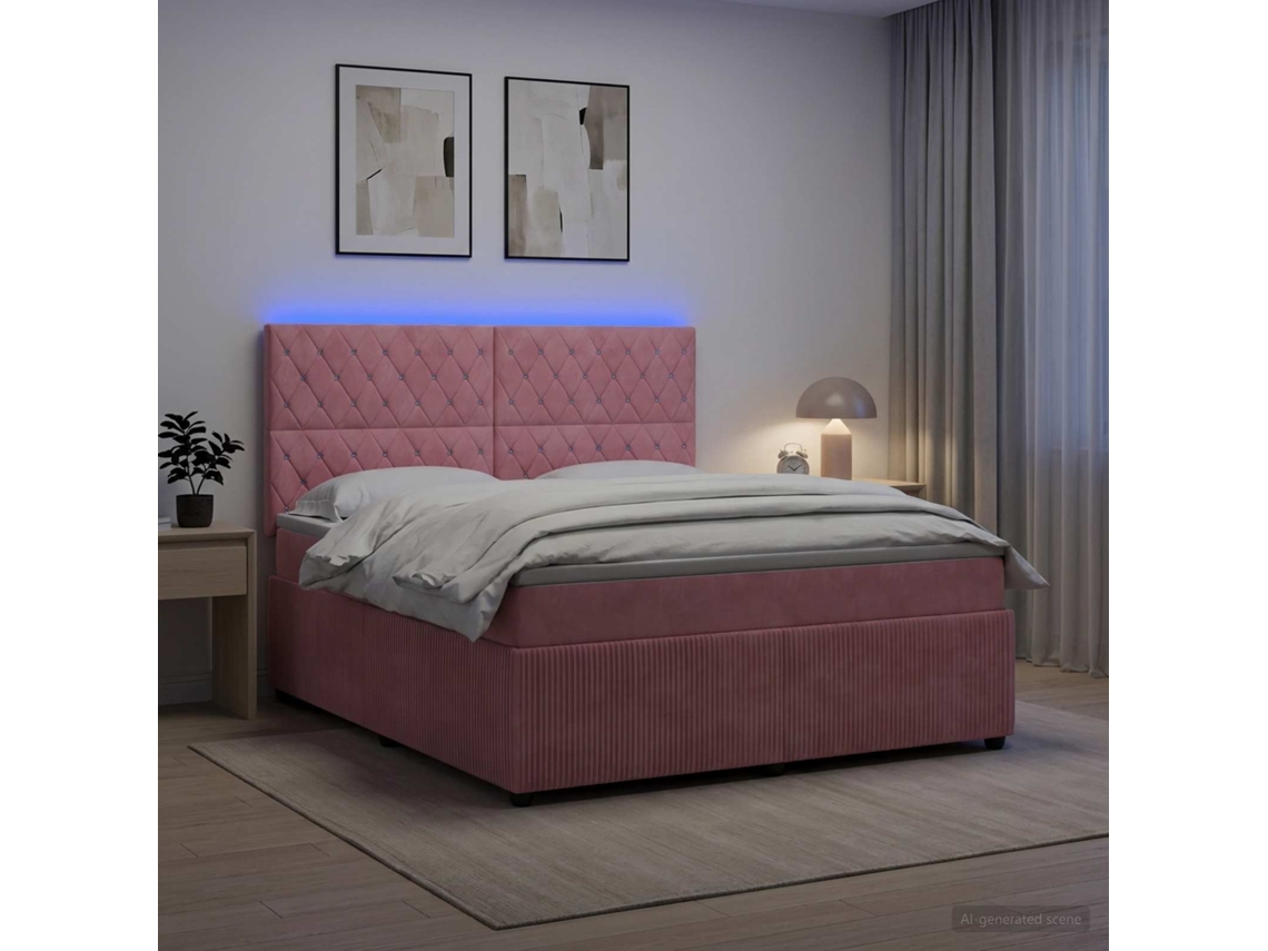 Vidaxl Cama Box Com Led E Colchão Rosa 140 X 200 Cm Veludo
