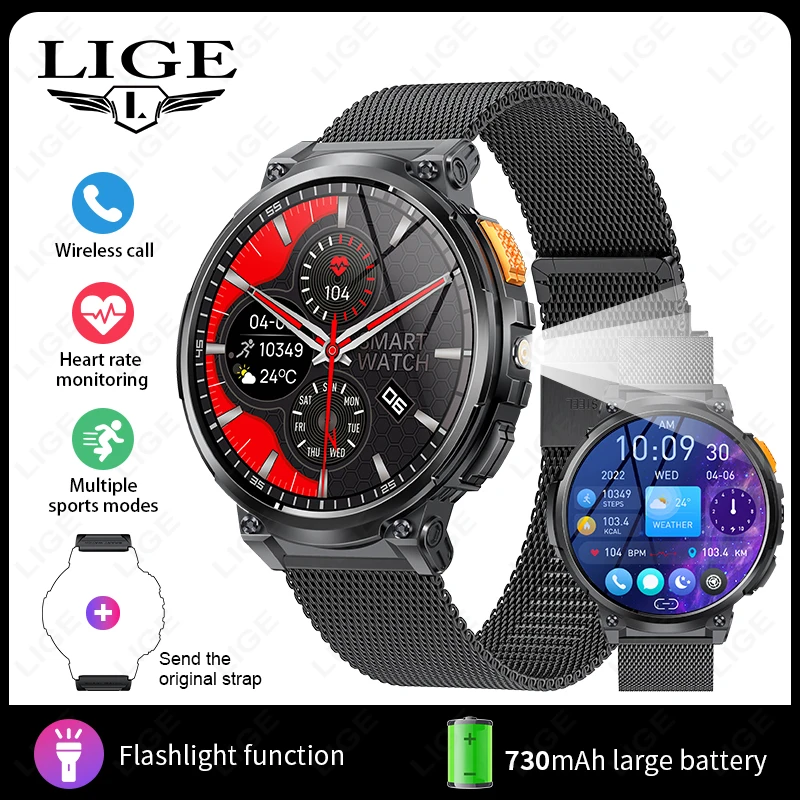 Smartwatch com Lanterna, Chamadas Bluetooth, Tela de 1,85 Polegadas e Bateria de 730mah. MDUG (preto, Pulseira de Malha)
