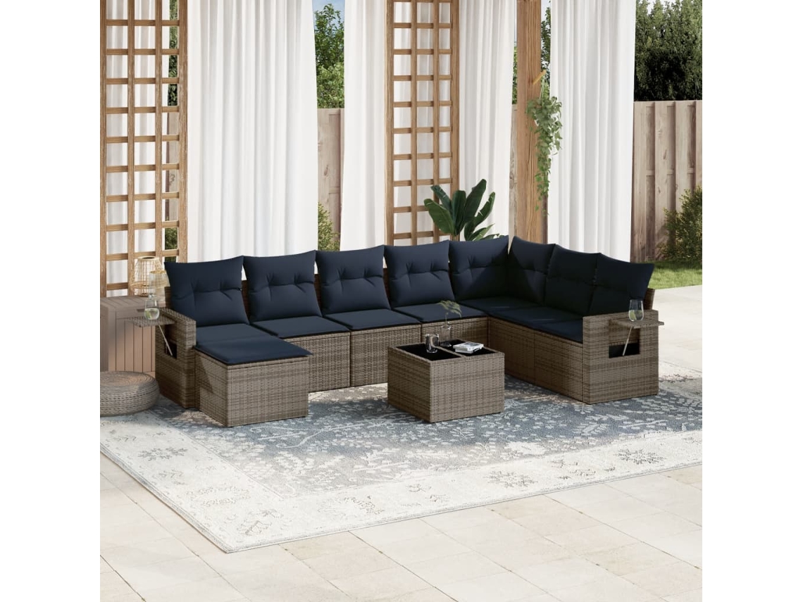 Vidaxl Conjunto De Sofá De Jardim De 9 Peças Com Almofadas Em Rattan Sintético Cinza