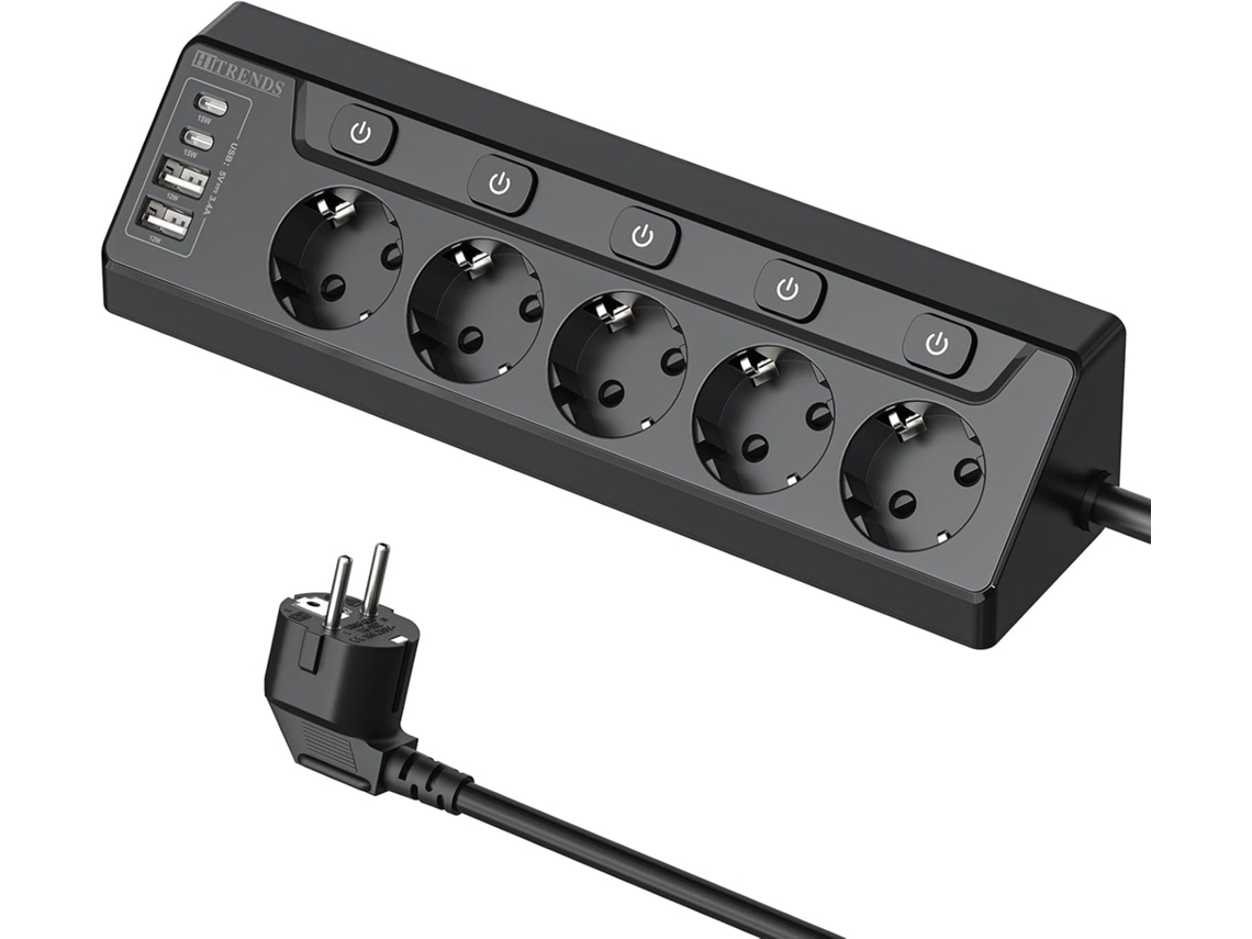 Tomada De Canto Com 2 Portas Usb A E Tipo C, 5 Tomadas Interruptor Único, Régua Energia 4 Cabo Extensão M Para Mesa, Canto, Pretamo