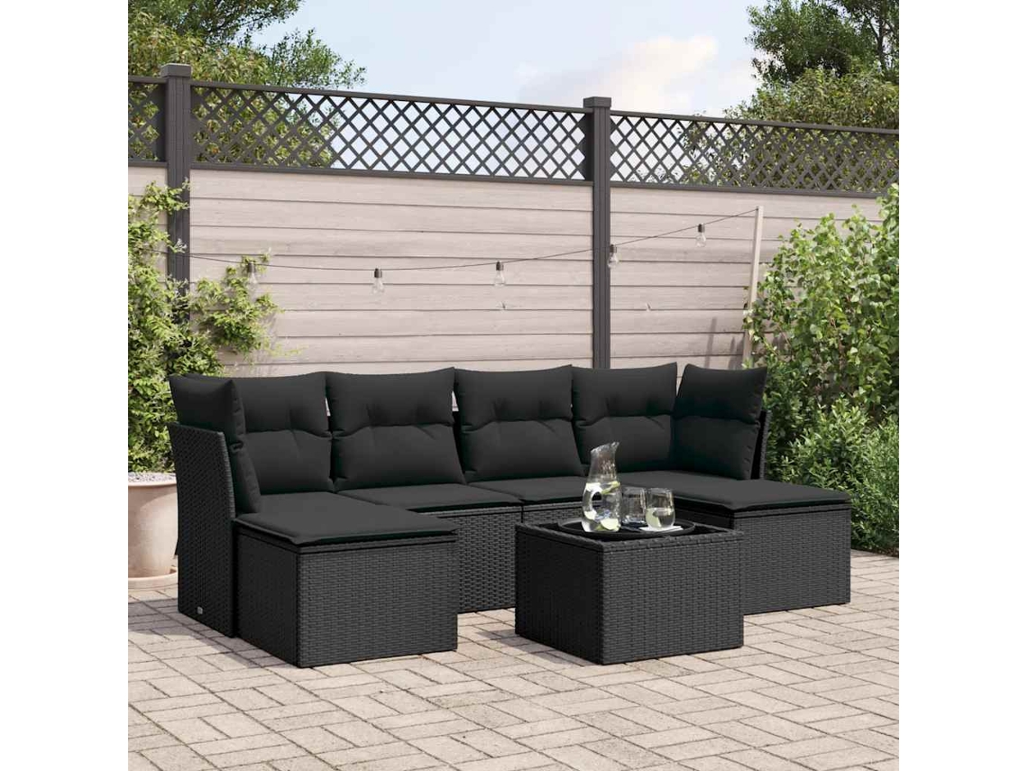 Vidaxl 7 Pcs Conjunto De Sofás P/ Jardim C/ Almofadões Vime Pe Preto