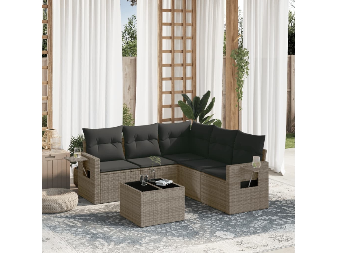 Vidaxl 6 Pcs Conjunto Sofás De Jardim Com Almofadões Vime Cinzento